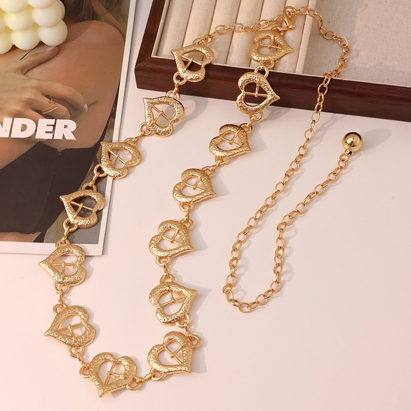 Vintage Versatile Metal Decorative Sweet Love Rhinestones Tassel Gold Luxury Chain Belts