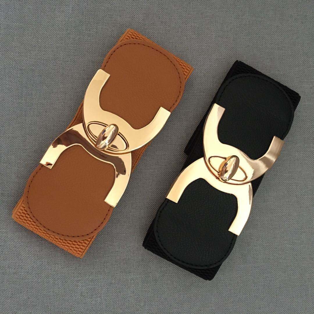 Ladies Fashion Thin Elastic PU Fabric Waist Belt Black and White Dress and Apparel Accessories for Ladies