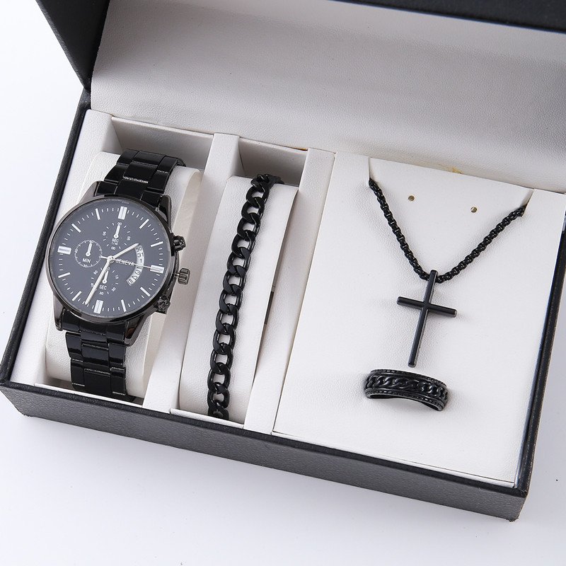 YuSa895 Men's 4pcs Watch Set Steel Belt Luxury Calendar Quartz Watches & Silver Chain Cross Necklace Jewelry Sets Gift For Man