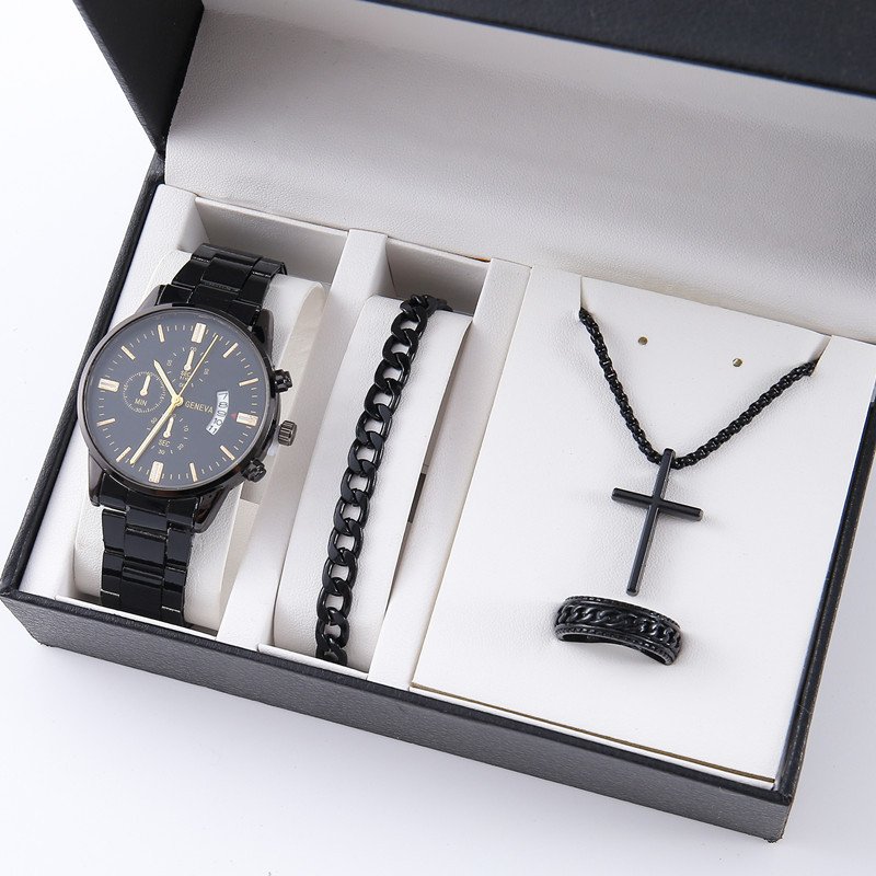 YuSa895 Men's 4pcs Watch Set Steel Belt Luxury Calendar Quartz Watches & Silver Chain Cross Necklace Jewelry Sets Gift For Man