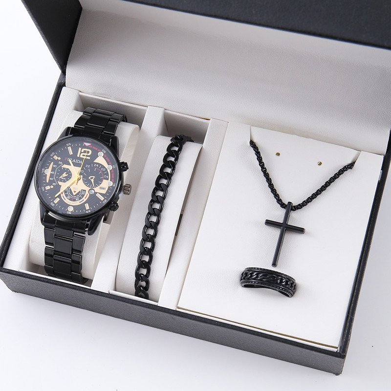 YuSa895 Men's 4pcs Watch Set Steel Belt Luxury Calendar Quartz Watches & Silver Chain Cross Necklace Jewelry Sets Gift For Man