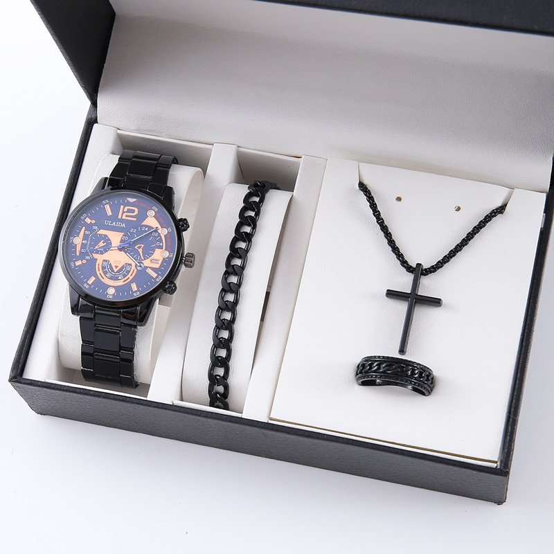 YuSa895 Men's 4pcs Watch Set Steel Belt Luxury Calendar Quartz Watches & Silver Chain Cross Necklace Jewelry Sets Gift For Man