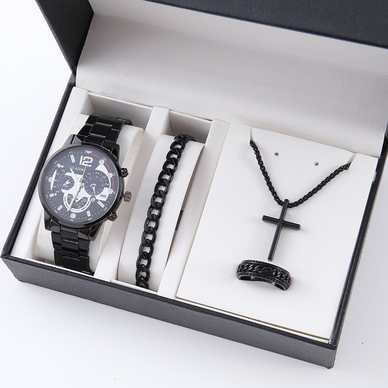 YuSa895 Men's 4pcs Watch Set Steel Belt Luxury Calendar Quartz Watches & Silver Chain Cross Necklace Jewelry Sets Gift For Man