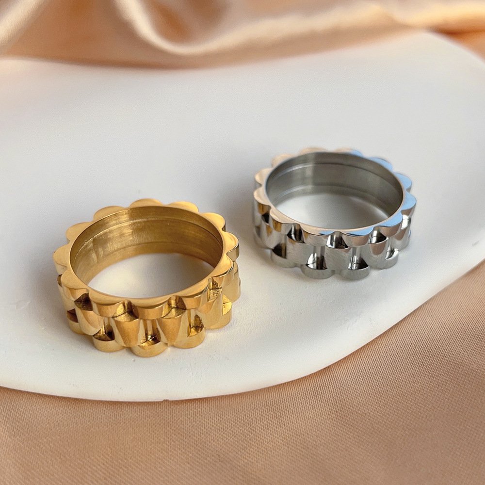 FY Fashion Jewelry Chunky Gold Plating Stainless Steel Watch Chain Wave shape Rings For Women Men