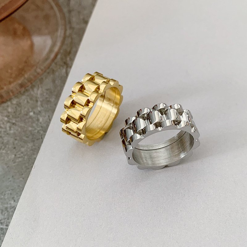 FY Fashion Jewelry Chunky Gold Plating Stainless Steel Watch Chain Wave shape Rings For Women Men