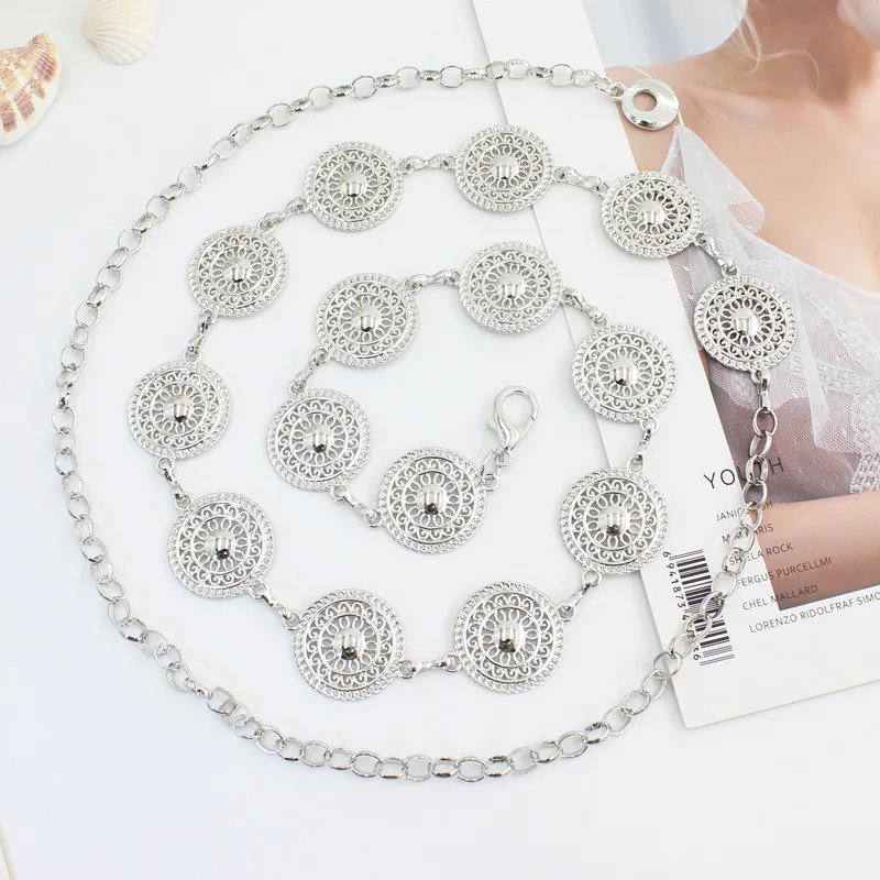Navajo Vintage 90s Southwestern Gold Filigree Round Stamped Metal Medallion Concho Waist Chain Metal Belt Body Chain Jewelry