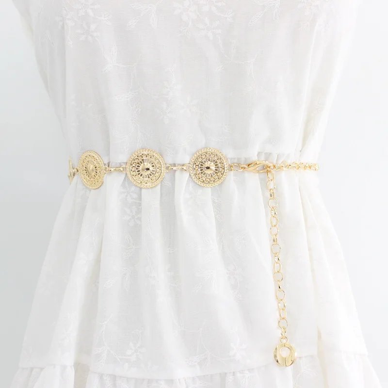 Navajo Vintage 90s Southwestern Gold Filigree Round Stamped Metal Medallion Concho Waist Chain Metal Belt Body Chain Jewelry