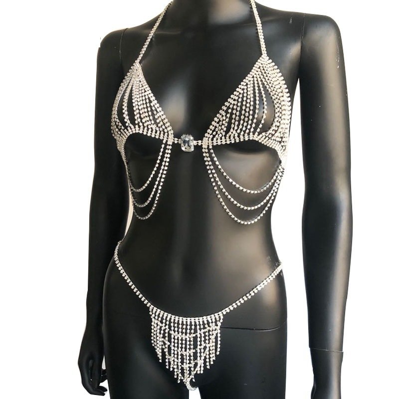 Luxury Body Chain Bra Harness Waist Chain Sets Women Rhinestone Lingerie Tassel Chest Chain Sexy Beach Bikini Set