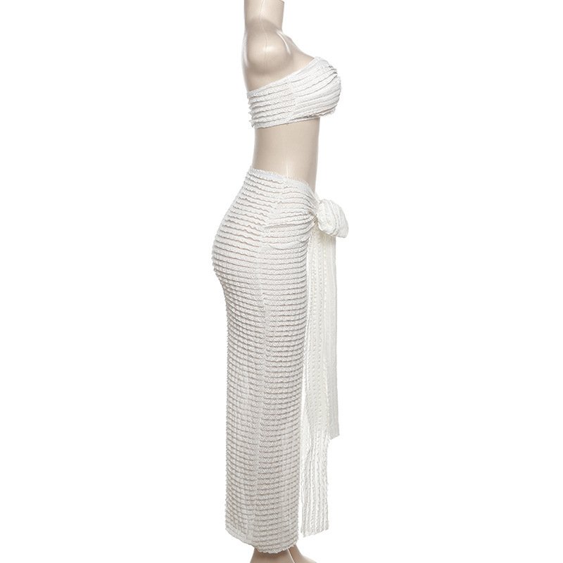 STOCK Strapless Bandeau Bikini Top Women's Two Pieces Set Beach Long Skirt Outfits Beachwear