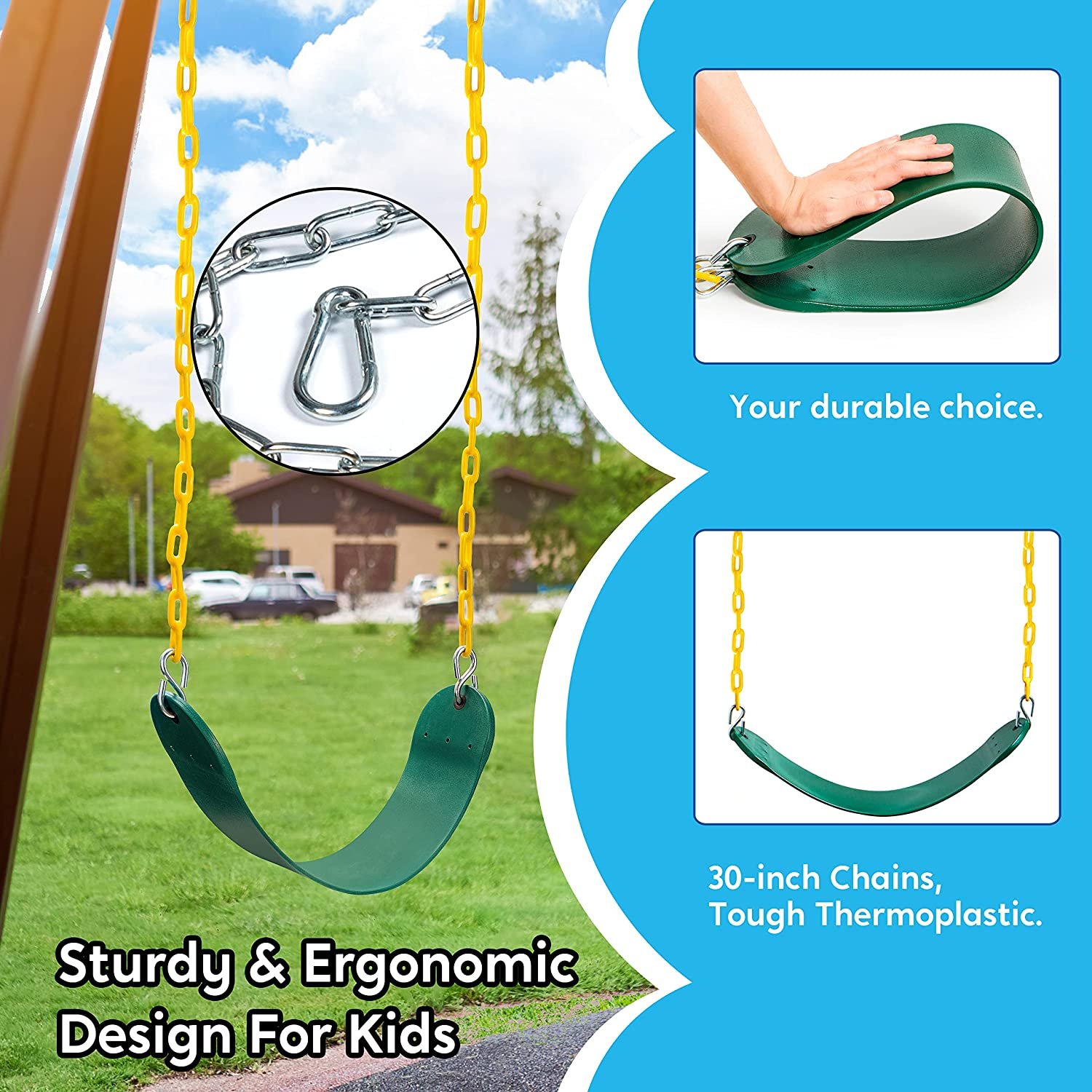 Green Swing Seats Heavy Duty with 66" Chain, Swing Set Accessories Replacement with Snap Hooks for Kids Outdoor Play Playground