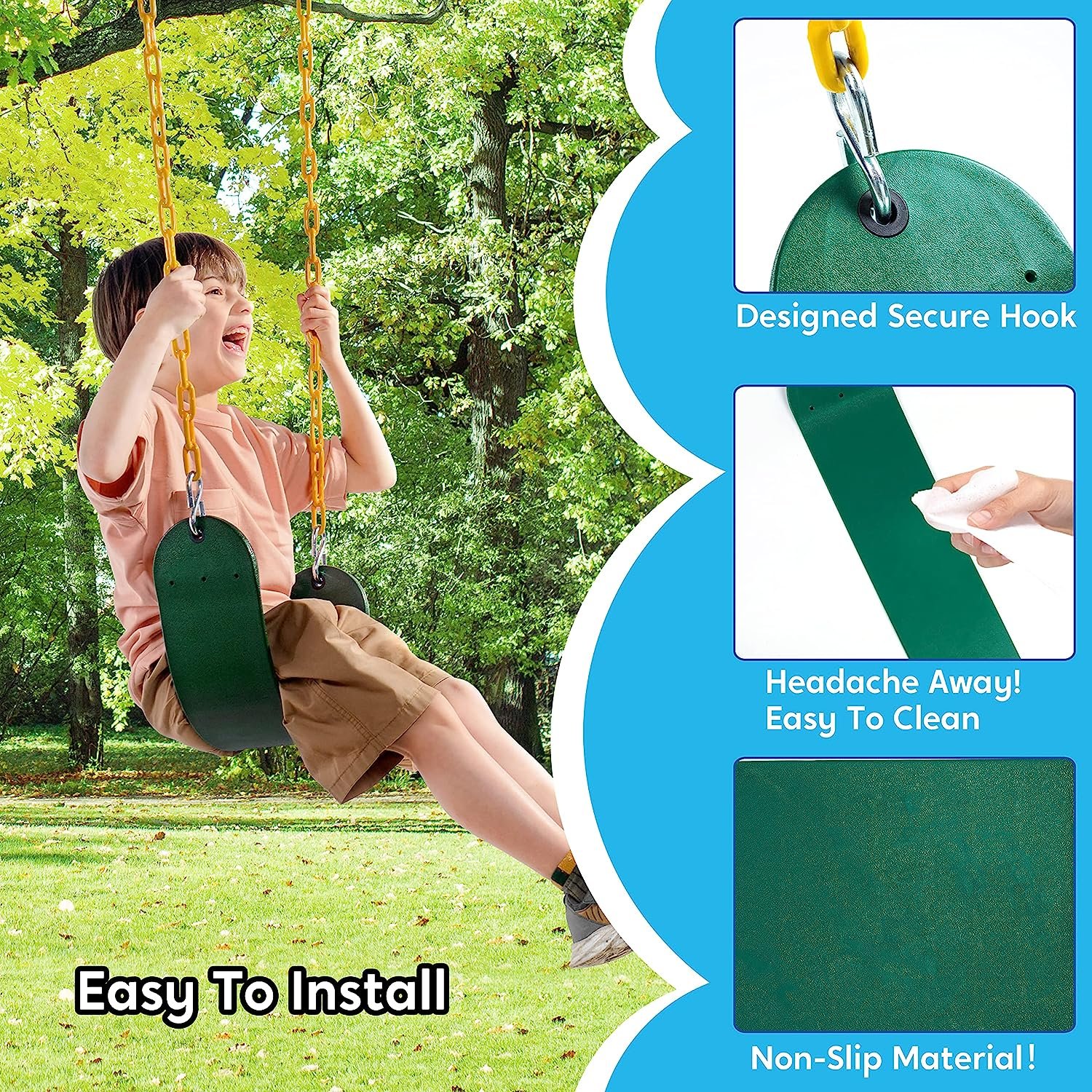 Green Swing Seats Heavy Duty with 66" Chain, Swing Set Accessories Replacement with Snap Hooks for Kids Outdoor Play Playground