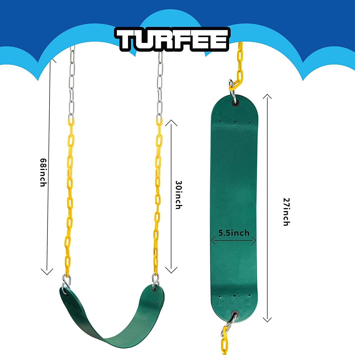 Green Swing Seats Heavy Duty with 66" Chain, Swing Set Accessories Replacement with Snap Hooks for Kids Outdoor Play Playground