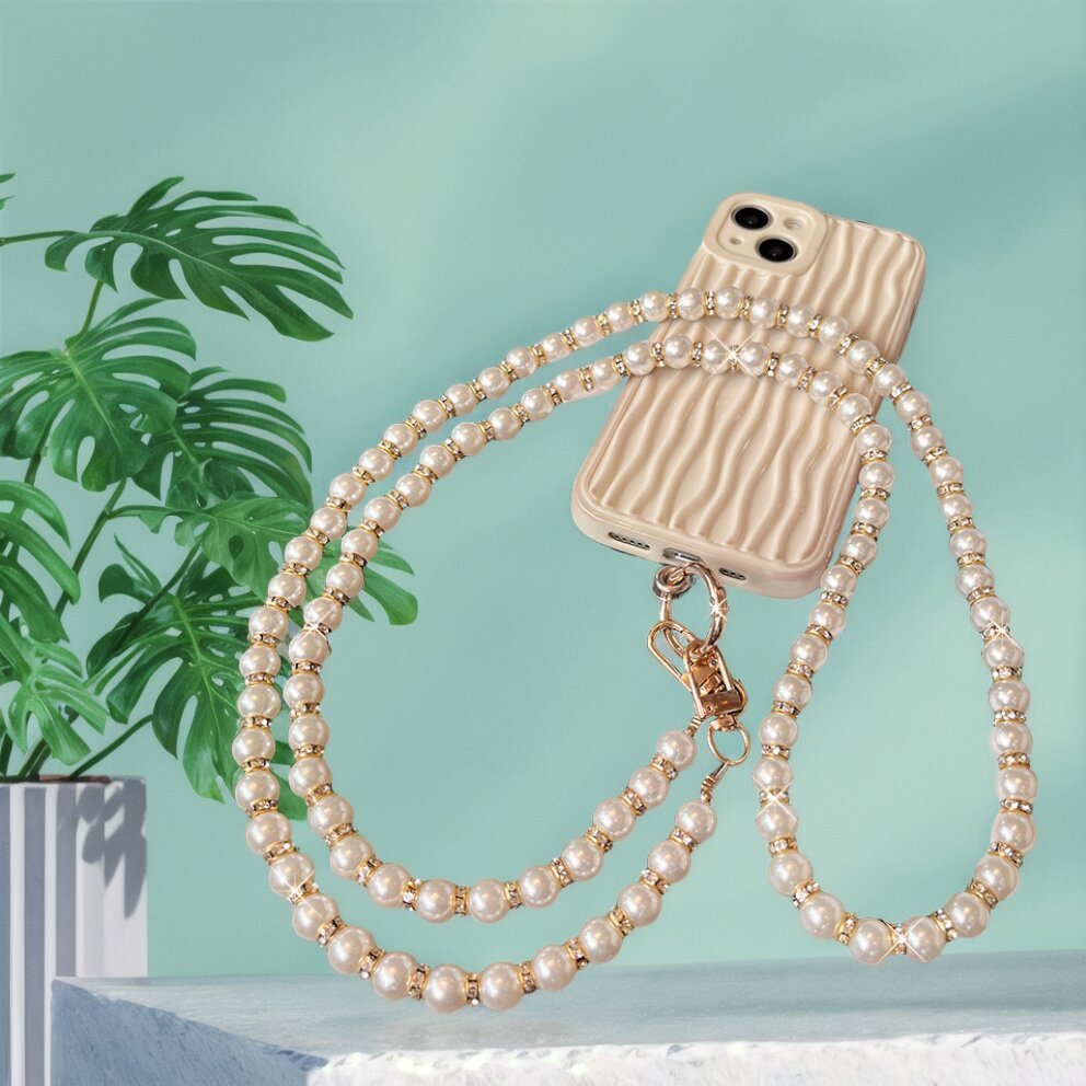 New Universal Rhinestone Pearl Beaded Phone Case Chain Crossbody Shoulder Cell Mobile Phone Lanyard Wrist Straps with Patch