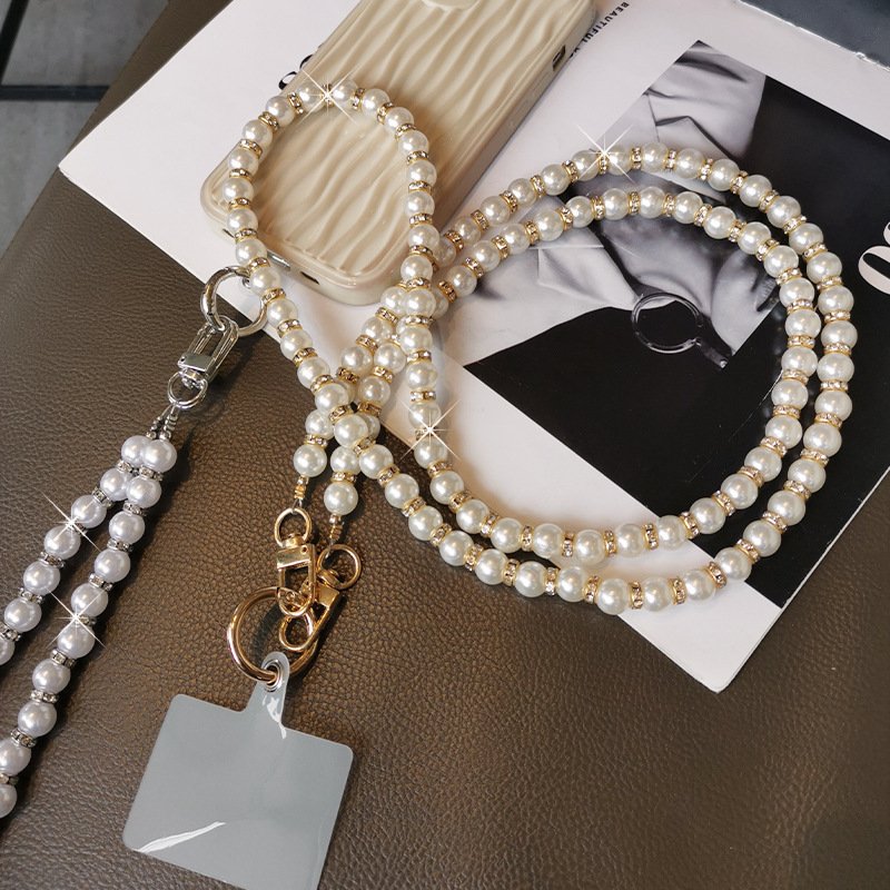 New Universal Rhinestone Pearl Beaded Phone Case Chain Crossbody Shoulder Cell Mobile Phone Lanyard Wrist Straps with Patch