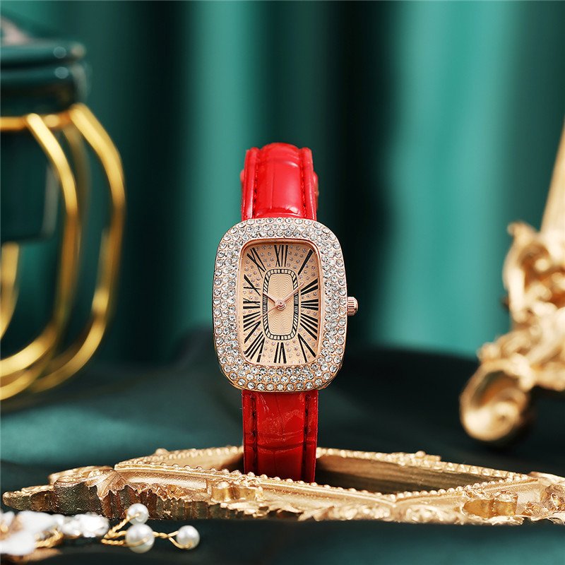Small green watch light luxury women's pigeon egg case full of diamonds British belt watch fashion alloy bracelet watch set