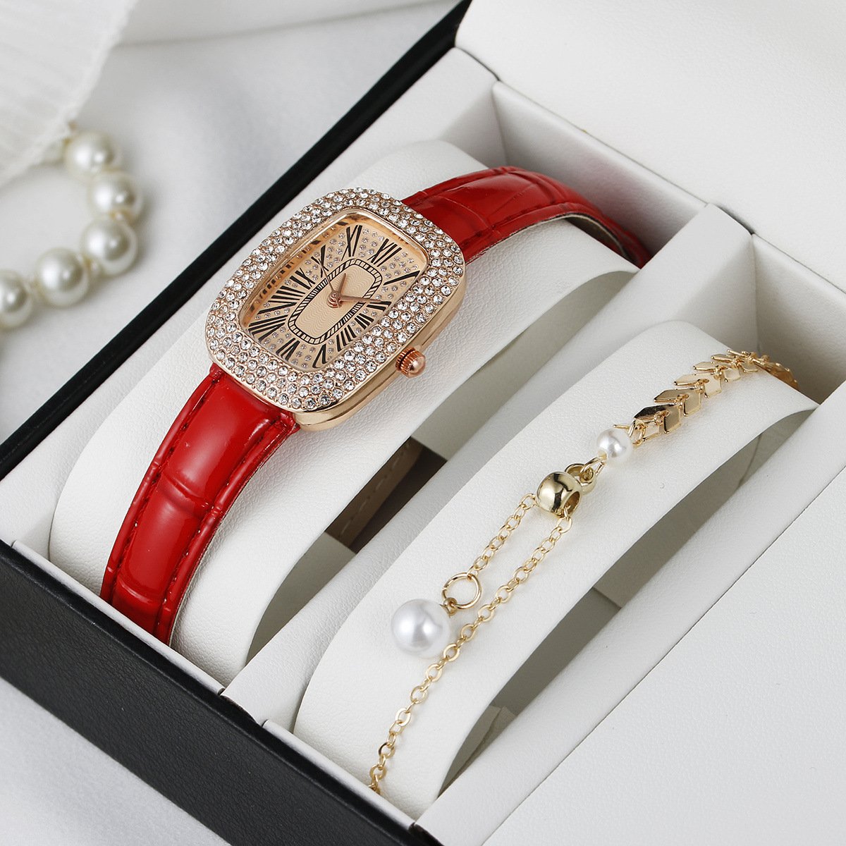 Small green watch light luxury women's pigeon egg case full of diamonds British belt watch fashion alloy bracelet watch set