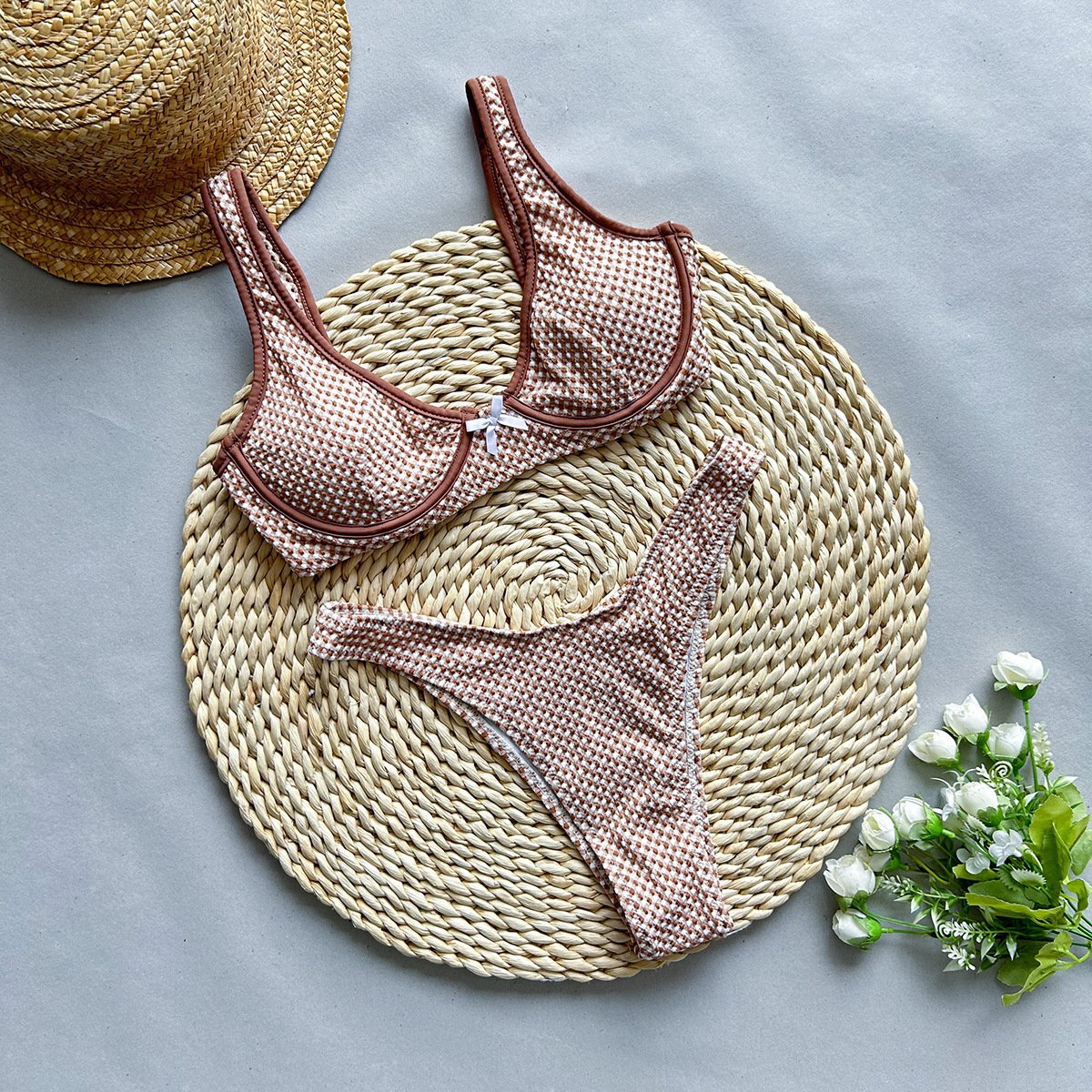 STOCK Gingham Print Underwire Women Swimwear Brazilian Designer Bikini Set