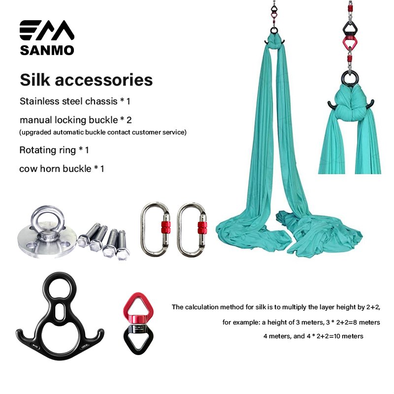 Aerial yoga accessories for Steel Carabiners,horn ring hoop, daisy rope, flat belt,rotating ring and Yoga Trapeze Ceiling Hooks