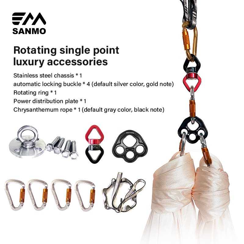 Aerial yoga accessories for Steel Carabiners,horn ring hoop, daisy rope, flat belt,rotating ring and Yoga Trapeze Ceiling Hooks