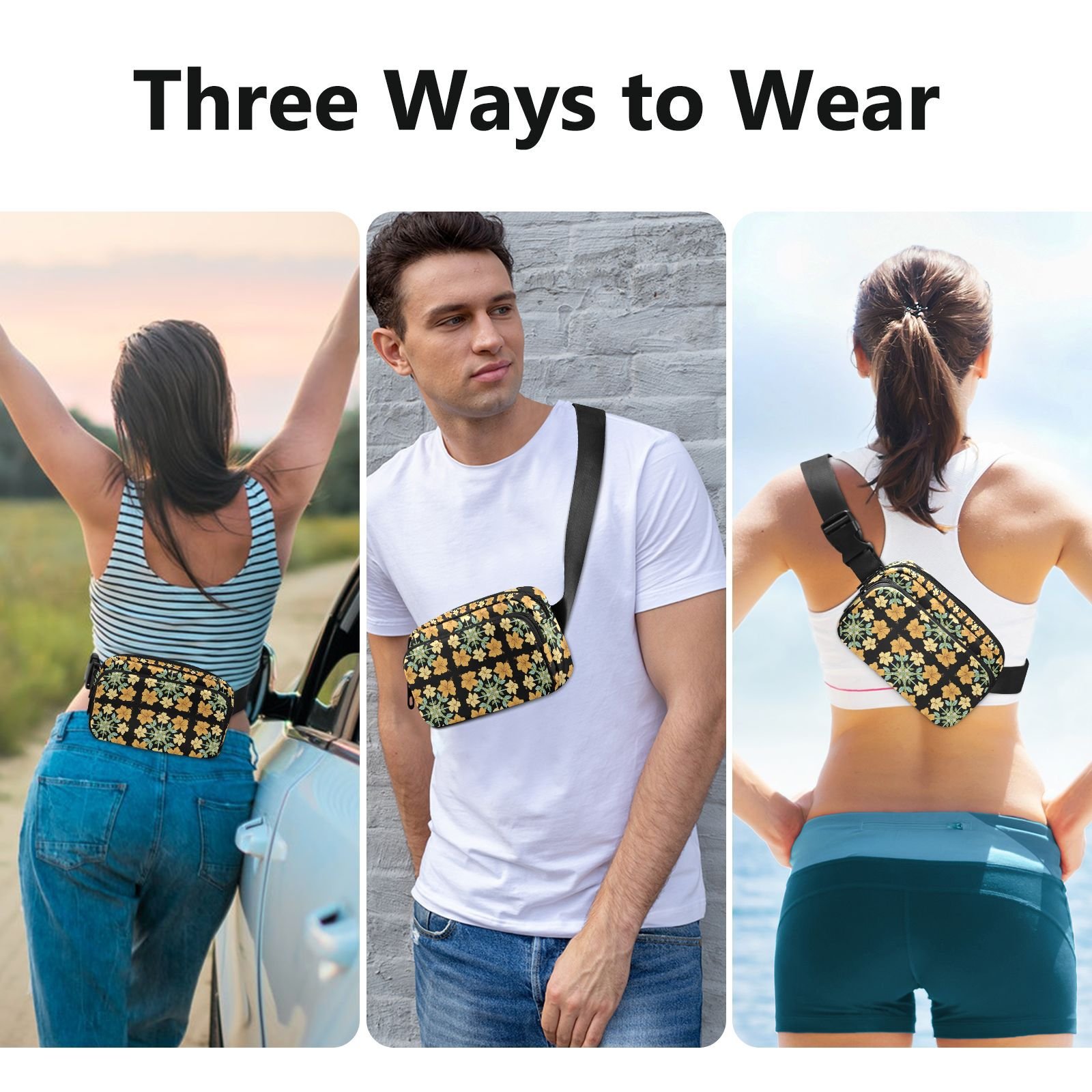 Hawaiian Yellow Hibiscus Quilt Sports Running Sling Crossbody Nylon Fanny Packs Custom Women Waist Bag
