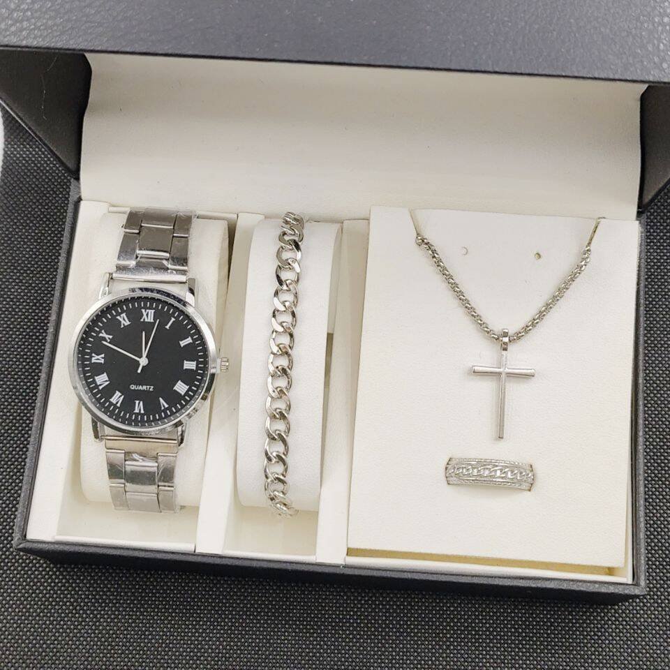 Men's 4pcs Watch Set Steel Belt Luxury Calendar Quartz Watches & Silver Chain Cross Necklace Jewelry Sets Gift For Man YuSa884