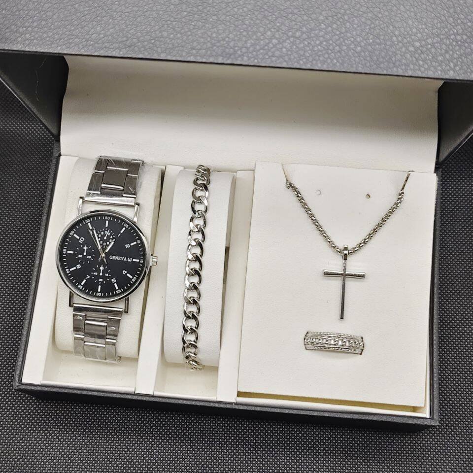 Men's 4pcs Watch Set Steel Belt Luxury Calendar Quartz Watches & Silver Chain Cross Necklace Jewelry Sets Gift For Man YuSa884