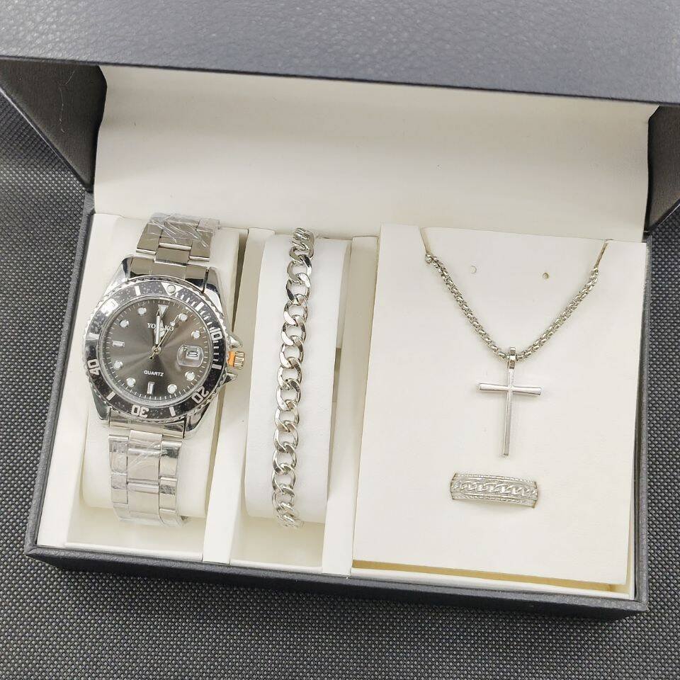 Men's 4pcs Watch Set Steel Belt Luxury Calendar Quartz Watches & Silver Chain Cross Necklace Jewelry Sets Gift For Man YuSa884