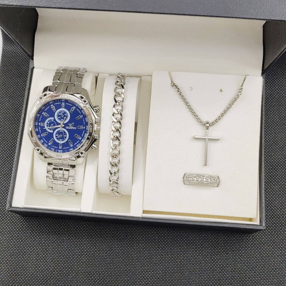 Men's 4pcs Watch Set Steel Belt Luxury Calendar Quartz Watches & Silver Chain Cross Necklace Jewelry Sets Gift For Man YuSa884