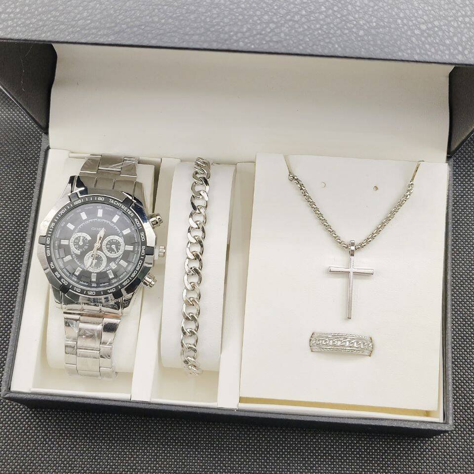 Men's 4pcs Watch Set Steel Belt Luxury Calendar Quartz Watches & Silver Chain Cross Necklace Jewelry Sets Gift For Man YuSa884