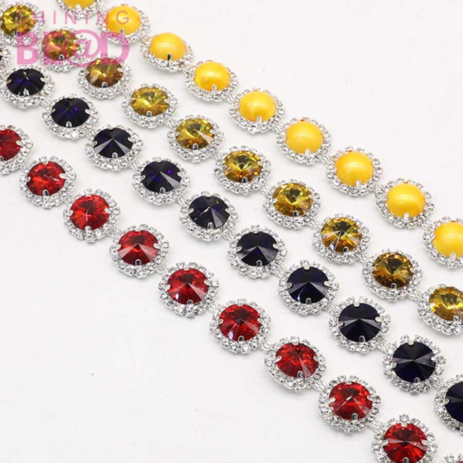 Luxury Large Glass Round Rhinestone Diamond Trim Sew on Crystal Silver Metal Cup Chain DIY Dress Belt Garment Jewelry Making