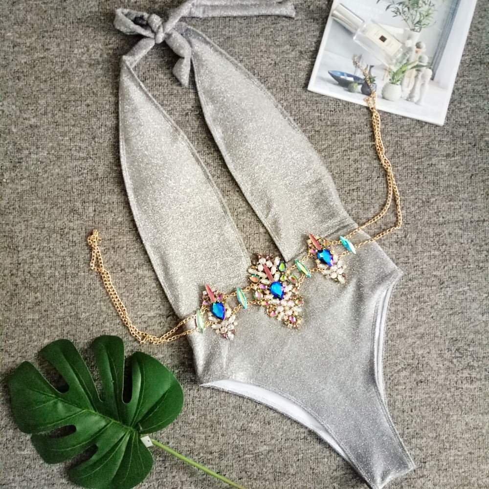 Deep V Shiny Bikini 2022 Sexy Rhinestone Swimsuit Crystal Diamond Chain Belt Swimwear