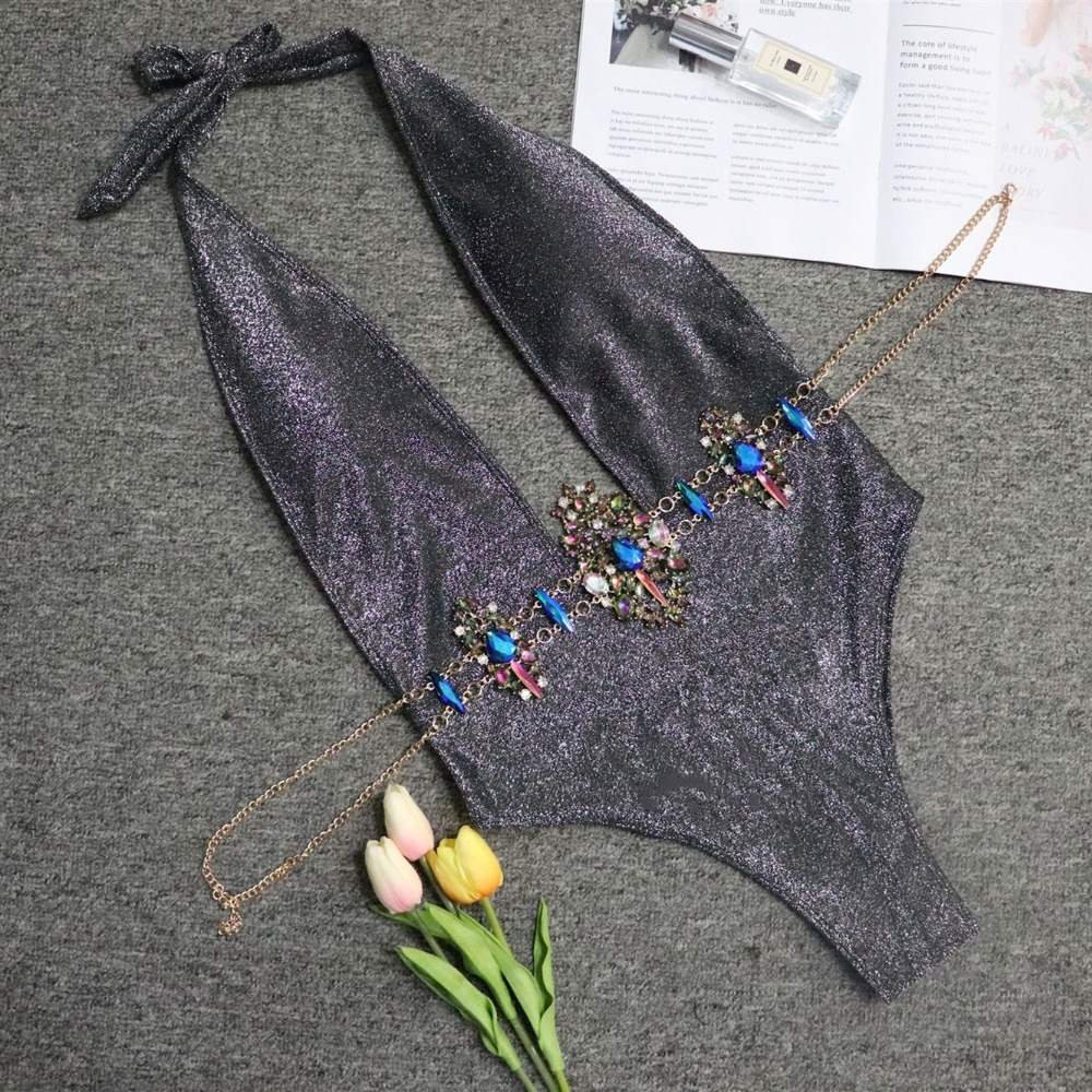 Deep V Shiny Bikini 2022 Sexy Rhinestone Swimsuit Crystal Diamond Chain Belt Swimwear