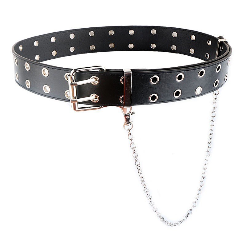 Punk Studded Holes Black Belt Double Grommet Belt Leather Punk Waist Belt with Detachable Chain for Women Jeans Dresses