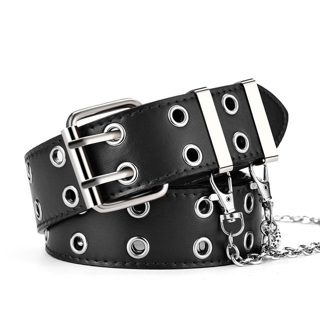 Punk Studded Holes Black Belt Double Grommet Belt Leather Punk Waist Belt with Detachable Chain for Women Jeans Dresses