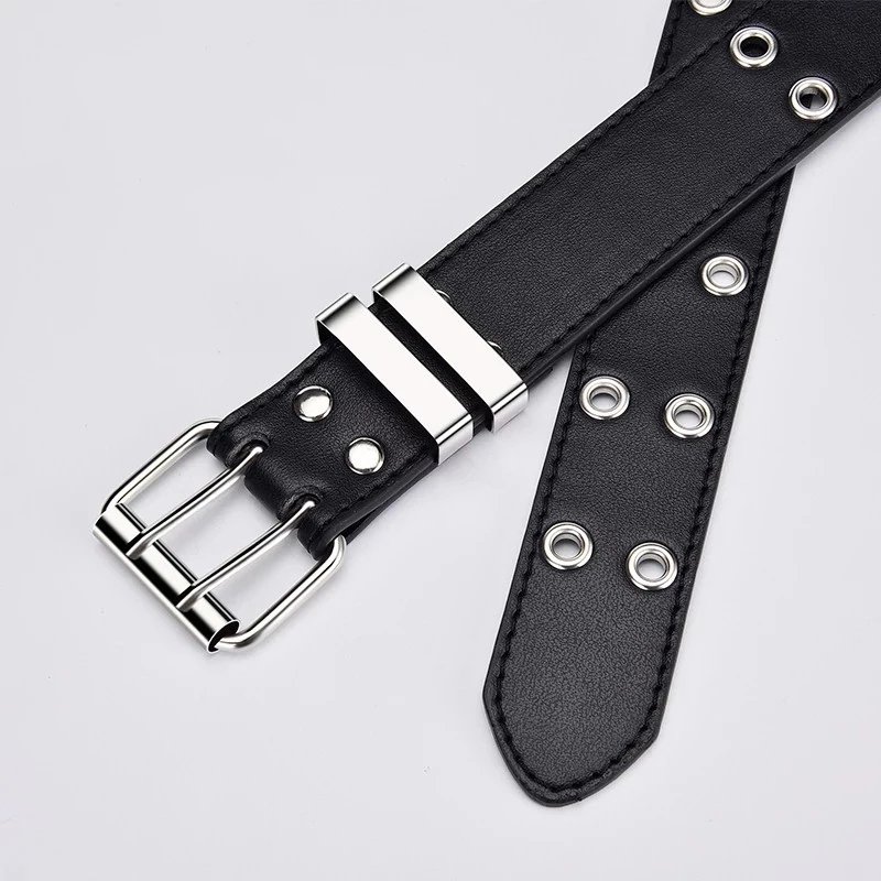 Punk Studded Holes Black Belt Double Grommet Belt Leather Punk Waist Belt with Detachable Chain for Women Jeans Dresses