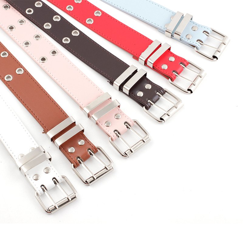 Punk Studded Holes Black Belt Double Grommet Belt Leather Punk Waist Belt with Detachable Chain for Women Jeans Dresses