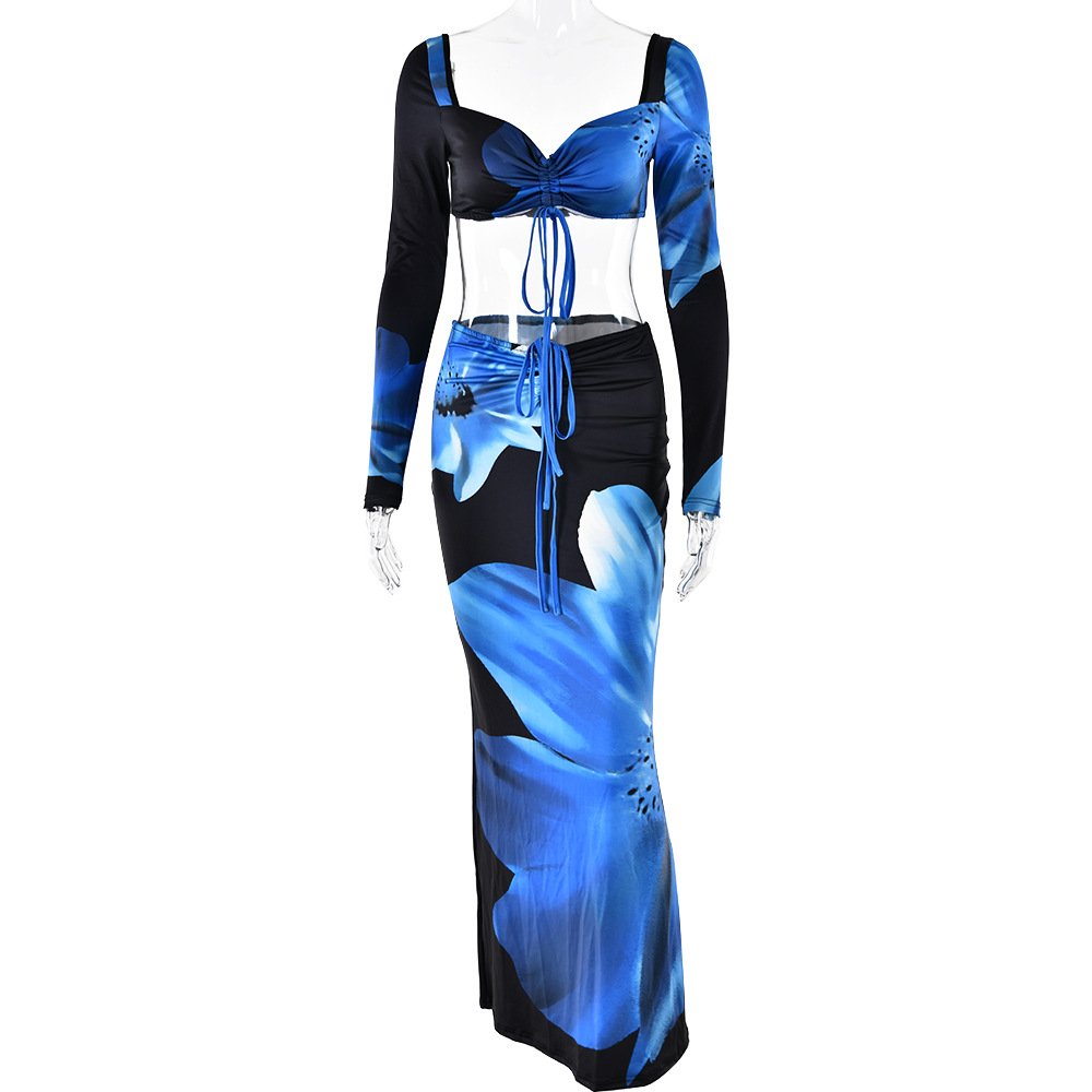 NEW STOCK Two Colors Bandeau Long Sleeve Crop Top Women Two Pieces Set Beach Skirt Outfits Beachwear