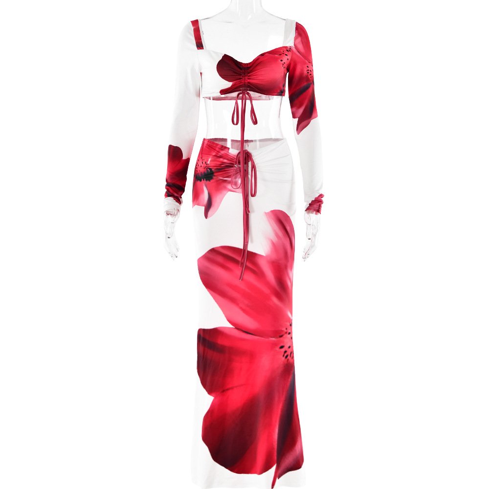 NEW STOCK Two Colors Bandeau Long Sleeve Crop Top Women Two Pieces Set Beach Skirt Outfits Beachwear