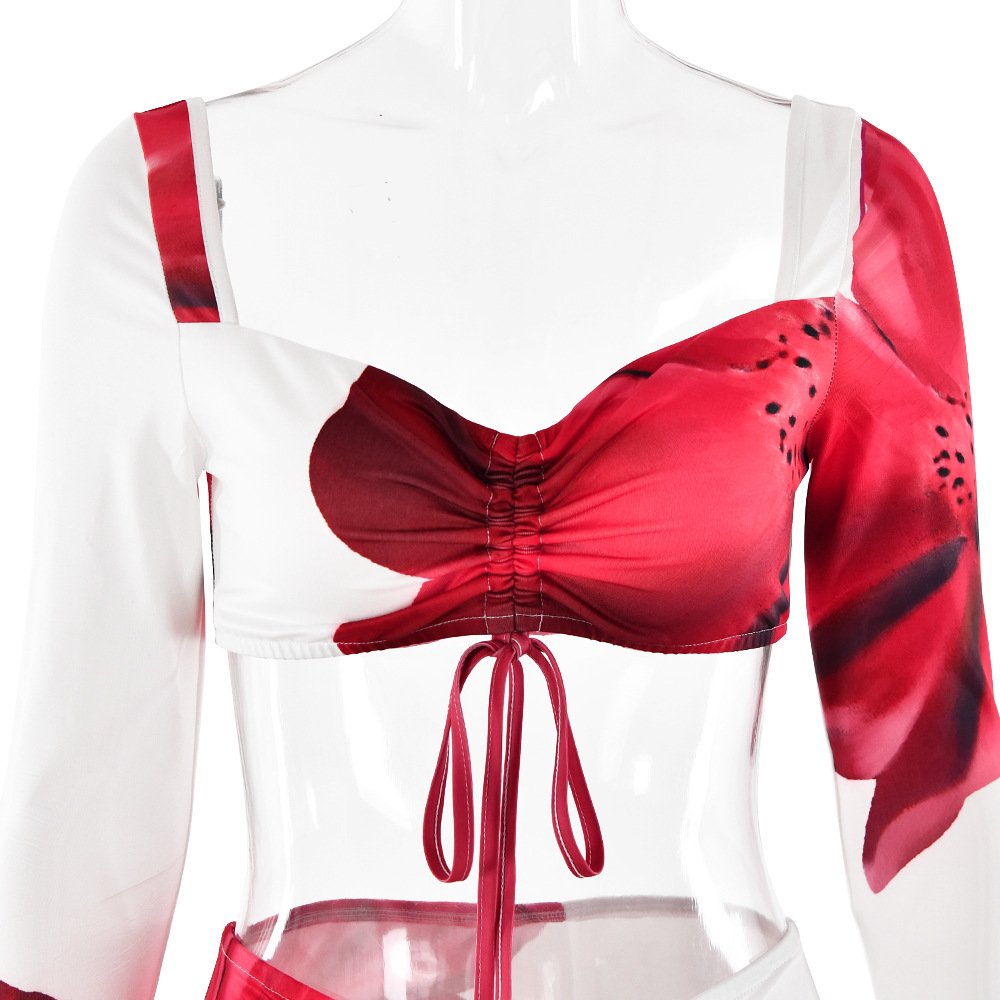 NEW STOCK Two Colors Bandeau Long Sleeve Crop Top Women Two Pieces Set Beach Skirt Outfits Beachwear