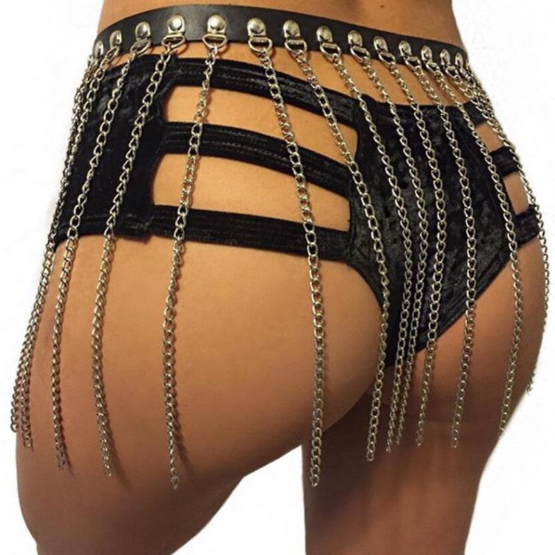 Punk Gothic Chain Tassel PU Leather Waist Chain Sexy Women Binding Belt Back Body Chain