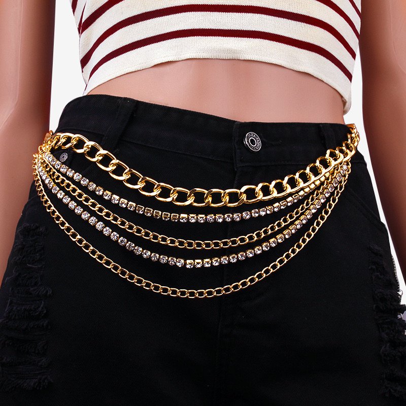 Fashion Women Metal Belts Chain Chunky Belly Multi Layer Crystal Rhinestone Waist Belt
