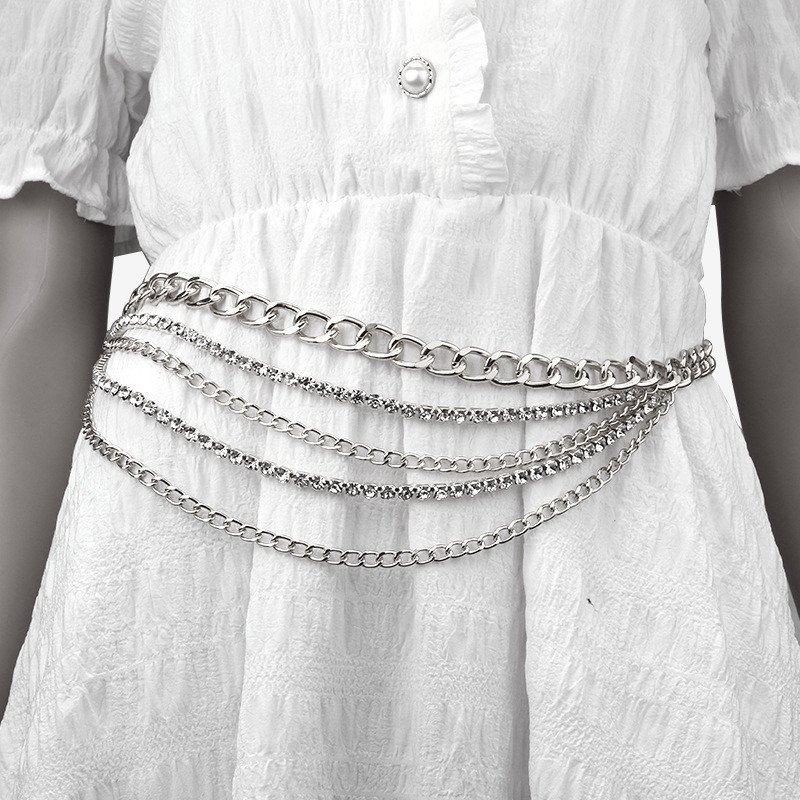 Fashion Women Metal Belts Chain Chunky Belly Multi Layer Crystal Rhinestone Waist Belt
