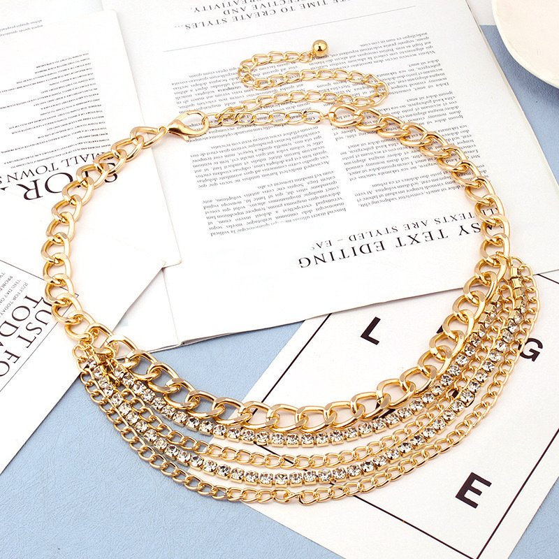 Fashion Women Metal Belts Chain Chunky Belly Multi Layer Crystal Rhinestone Waist Belt
