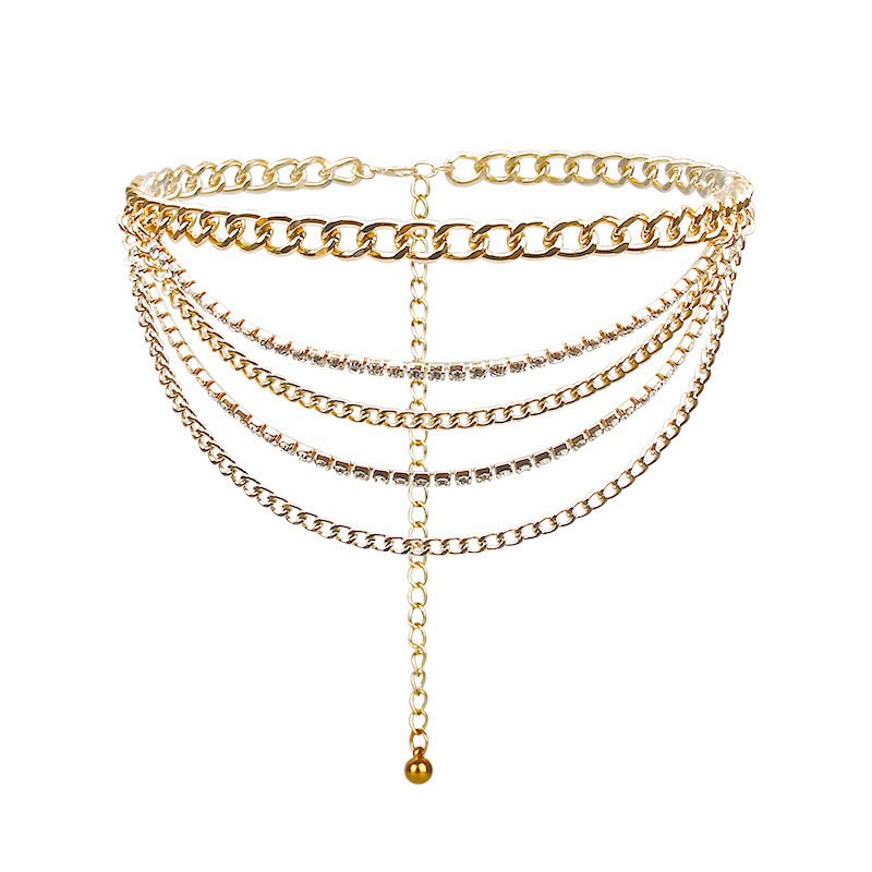 Fashion Women Metal Belts Chain Chunky Belly Multi Layer Crystal Rhinestone Waist Belt