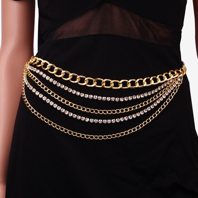 Fashion Women Metal Belts Chain Chunky Belly Multi Layer Crystal Rhinestone Waist Belt