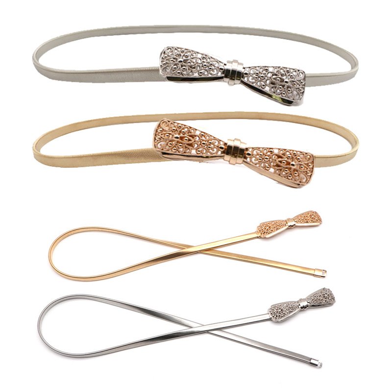 Gold Silver Chain Belts Bowknot Buckle Women Elastic Metal Belt for Ladies Dresses Waistband