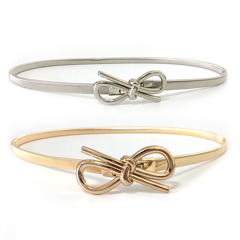 Gold Silver Chain Belts Bowknot Buckle Women Elastic Metal Belt for Ladies Dresses Waistband