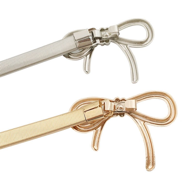 Gold Silver Chain Belts Bowknot Buckle Women Elastic Metal Belt for Ladies Dresses Waistband