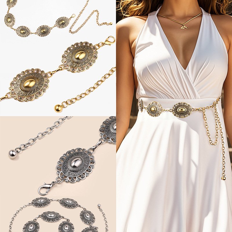 Wholesale Adjustable Ladies Womens Dress Houlite Waist Chain Belt Flower Shaped Trendy Fashion Boho Metal Waist Belt