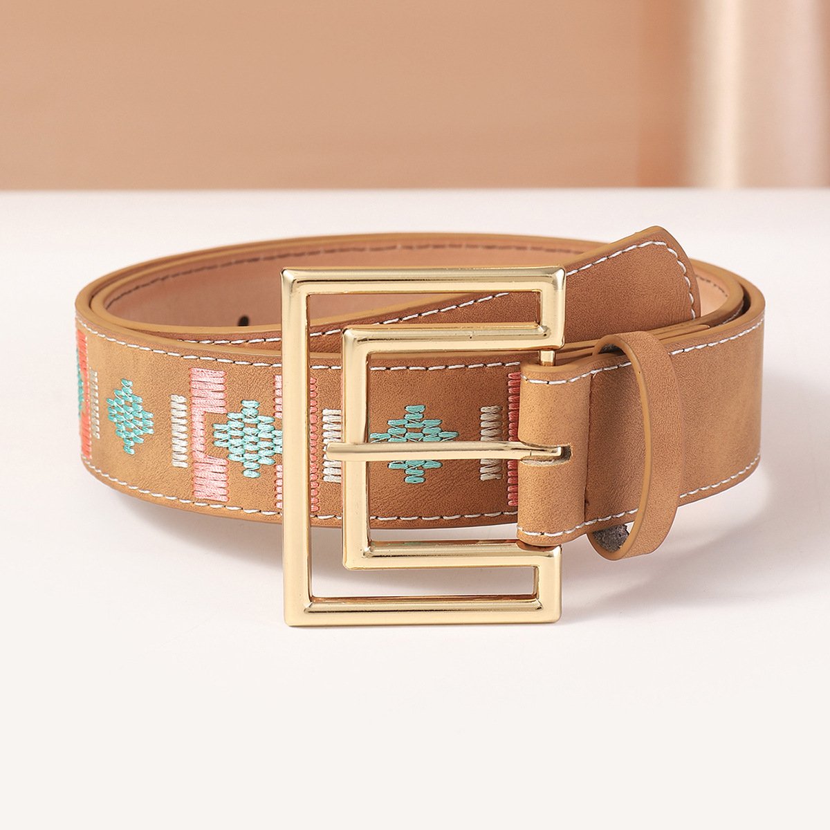 Vintage Ethnic Style Belt Simple Geometric Embroidery Western PU Women's Belt Genuine leather belts from Pakistan
